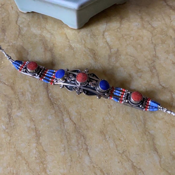 Vintage inlay lapis coral bracelet - Picture 3 of 5